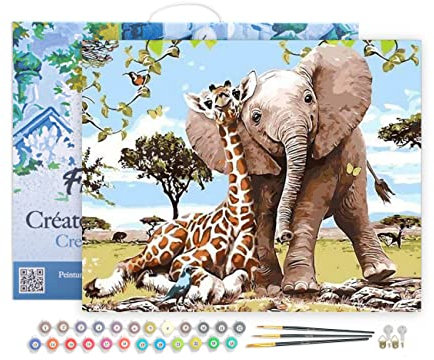Figured'Art Peinture par Numéro Adulte avec Cadre Amis Eléphant & Girafe - Activité Manuelle Kit de Loisir Créatif DIY Numéro d'Art Complet - 40x50cm toile tendue sur châssis