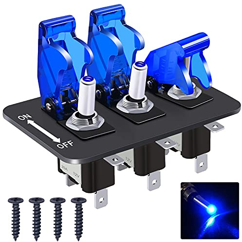 Twidec/3 Gang Rocker Toggle Switch Panel With 12V LED Light Toggle Switch 20A Heavy Duty Racing Car SPST 3Pin ON/Off Blue LED Illuminated Switch Plate And Blue Waterproof Safety Cover ASW-07DBUBUMZ-BZ