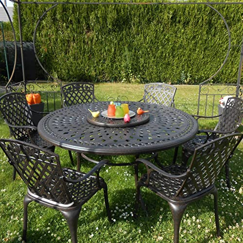 Lazy Susan 150 cm Runder Frances Gartentisch in Antik Bronze mit 8 Rose Stühlen, Ohne Sitzkissen | Nachhaltiges Sandguss-Aluminium | Wetterfest | Rostfrei | Wartungsarm | 3 Jahre Garantie