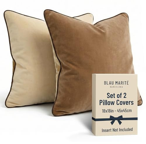 Blau Marité Set aus Zwei dekorativen Kissenbezügen. Aus superweichem Samt hergestellt. Moderne Designs mit kontrastierendem Rand. Die Füllung ist Nicht inbegriffen. (Beige und Braun, 45x45 cm)