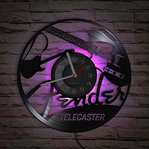 Smotly Vinyl-Wanduhr, Musikgitarre, Instrument, Muster, Wanduhr mit LED-Nachtlicht, ist ein Geschenk für Freunde, die Musik lieben. (sieben Farben)