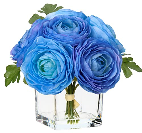 Briful Flores artificiales de camelia con jarrón de cristal, flores artificiales azules, flores artificiales grandes de camelia con agua sintética, oficina, baño