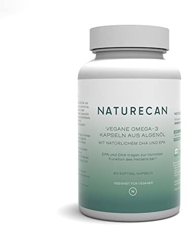 NATURECAN Vegane Omega 3 Kapseln aus Algenöl - 60 Kapseln - Hochdosiert mit hochwertigem EPA und DHA - für Veganer, Laborgeprüft, von Natur aus schadstoffarm