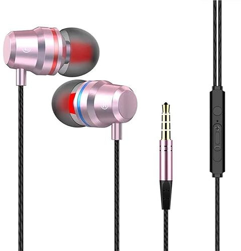 Hi-Res Extra Bass Noise Isolating In-Ear Headphones Earphones High Sensitivity Wired Earbuds with Microphone For iPhone, iPad, Samsung, Volume Control 3.5mm Jack Headphone Earphones (Rose Gold)