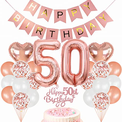 Conruich Geburtstagsdeko 50 Jahre Frau, Luftballon 50. Geburtstag Deko Set, Rosegold Tortendeko Geburtstag 50 Jahre Frauen, Ballon 50 Geburtstag Frau, Happy Birthday Banner Deko 50 Geburtstag Frau