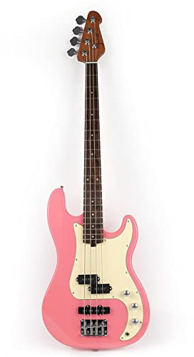 Fojill Bajo eléctrico de tamaño completo, 4 cuerdas, diestros, con bolsa de concierto (rosa)
