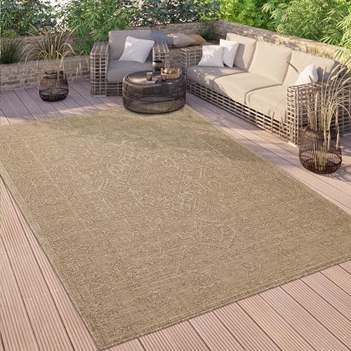 Paco Home Outdoor Teppich Wetterfest Balkon Küche Wohnzimmer Orientalisches Muster Vintage Optik Einfarbig 3D Modern, Grösse:120x160 cm, Farbe:Beige 2