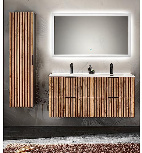 Lomadox Badmöbel Set mit Hochschrank Doppelwaschtisch 121 cm LED Spiegel Touch Bedienung anthrazit Wotan Eiche Nb. Rillen schwarz Front MDF