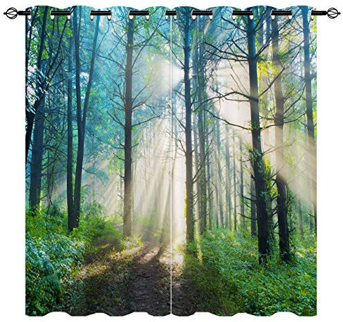 YUANZU Wald Vorhänge Bäume Natürliche Landschaft Ösen Gardinen mit Blickdichte Thermo Vorhang Kälteschutz Blackout Curtain Kinderzimmer Schlafzimmer Verdunkelung Fenster, 2 Stück, H 213 x B 200 cm