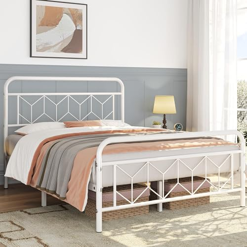 Yaheetech Metallbett 140 x 200 cm Vintage Bettrahmen mit Hohem Kopfteil, Bettgestell Moderner Minimalistischer Doppelbett mit Lattenrost & Stauraum unter dem Bett für Schlafzimmer, Rauchiges Weiß