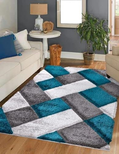 3D Shaggy Rugs Modern Geometric Design Large Area Rugs for Living Room Bedroom Thick Fluffy Floor Mats Small Door Mat (Emerald, 120 x 170 cm)