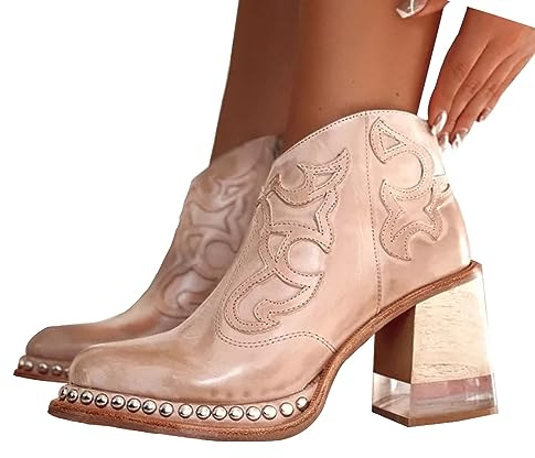 tinbarry Stiefeletten Damen Blockabsatz Stiefel Kurze Stiefel Winterstiefel Ankle Stiefeletten Mit Reißverschluss Bestickt Niet Spitze Stiefel Pu-Leder Herbst Winter Biker Boots Vintage