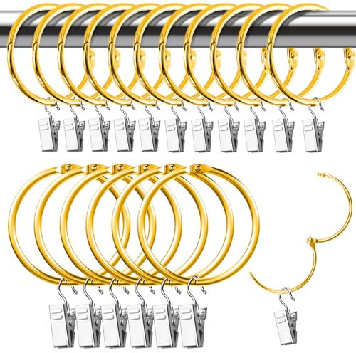 Hengxinchen 15 Stück Gardinenringe Gardinen Klammern Set 50 mm Vorhangringe Metall Duschvorhangringe Edelstahl Gardinenringe mit Vorhang Clips für Vorhänge und Gardinenstangen (golden)