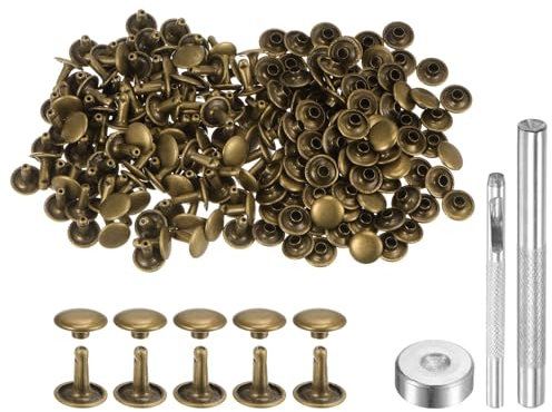 QUARKZMAN 100 Juegos de Remaches de Cuero 10 x 10mm Remaches de Metal de Doble Tapa con Herramientas de Instalación para Manualidades En Cuero Reparación y Decoración Diy Bronce