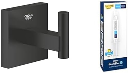 Grohe Start Cube - Bademantelhaken- Set (Material: Metall, inkl. QuickGlue A1: Klebeset für einen Klebepunkt, verdeckte Befestigung), matt schwarz, 409612430