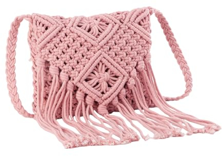Fecialy Women's Summer Beach Straw Bag Cotton Crochet Crossbody Bag Envelope Tassel Bag with Zipper Shoulder Bag,Pink
