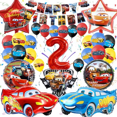 Gozuein Cars Geburtstagsdeko Set 2 Jahre, 30 Stück Cars Party Dekoration Kindergeburtstag, 3D Luftballons Cars Themen Deko Geburtstag, Ballon Girlanden Folienballon Geburtstag Banner Kit Jungen