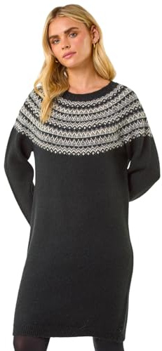 Roman Thick Jumper Dress for Women UK Ladies Fairisle Aztec Knitted Knit Sweater Knitwear Autumn Winter Holiday Round Neck Long Sleeve Soft Knee Length Sweat Warm
