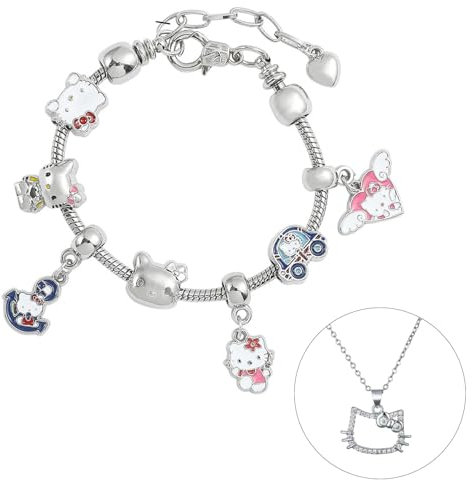 FYFLYMT 2Pcs Kitty Schmuck Set,Kitty Charm Armband Mit Anhänger,Verstellbares Kitty Kette und Kitty Armband,Cartoon Charm Armband für Mädchen Geschenke
