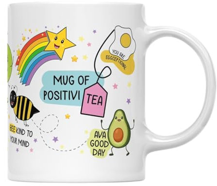 Willow Gifts Positivi-Tea Mug Tea Coffee Cup - Rainbow Cute Cartoon Avacado Pun Fun Daily Affirmation Positive Vibes Good Day Bee Kind Kitchen Decor Gift Present (White Handle)