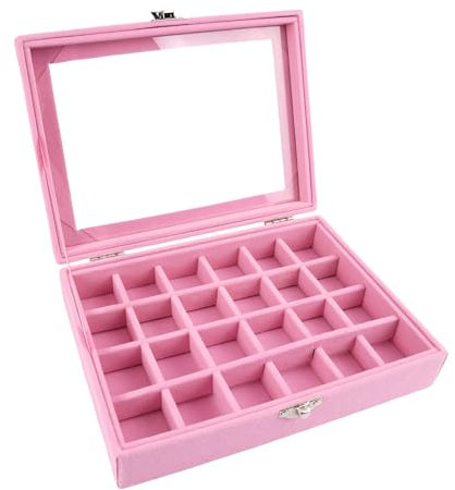 Rosa Griglie Regolabili Jewelry Organizer per Gioielli in Velluto, Organizzatore Gioielli con 24 Slots e Coperchio Trasparente, per Donna E Ragazza, Anelli, Orecchini, Bracciali, 20 X 15 X 2,5 cm