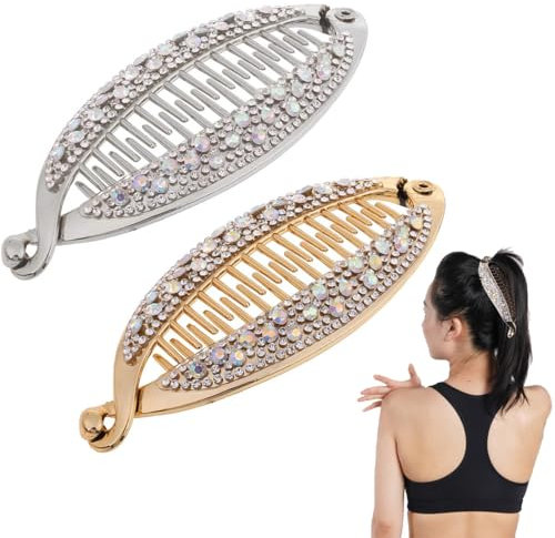 UEIOAVL Pinzas para el cabello, 2 pinzas para el pelo estilo banana vintage con diamantes de imitación y cristales para cabello grueso y rizado para mujeres y niñas (dorado, plateado)