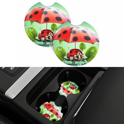 Lot de 2 dessous de verre de voiture pour porte-gobelets universels en forme de coccinelle tenant des parapluies - 6,9 cm - En néoprène imperméable et antidérapant - Accessoires d'intérieur de voiture