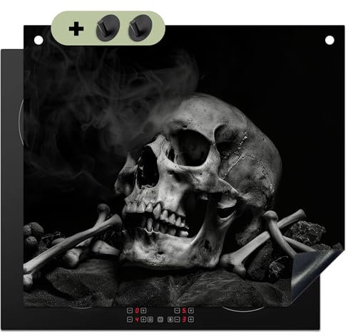 KitchenYeah© Herdabdeckplatte 60x52 cm Einteilig Induktionsmatte Küche Abdeckung Ceranfeld Herd Abdeckplatte Deko Vinyl Matte, Spritzschutz Küchenrückwand Totenkopf - Rauch - Schwarz - Weiß