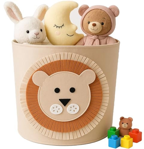 Toy Basket, Toy Storage Basket, 35cm*35 of Generic Foldable Animal Print Brown Nursery Storage Basket, Applicable to for Kids Toys Room, Easy Carry Handles(lions)