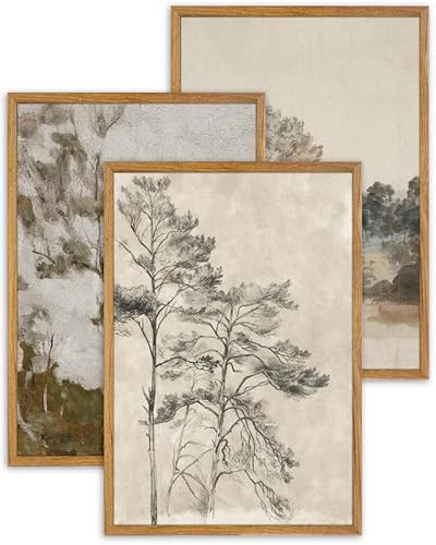 UPWOIGH Large Wall Art Set of 3, 16x24in (40x60CM) Framed Neutral Landscape Prints, Vintage Tree Poster Decor for Living Room, Bedroom, Office, Farmhouse Aesthetic, Cotton Canvas Gift Wall Décor