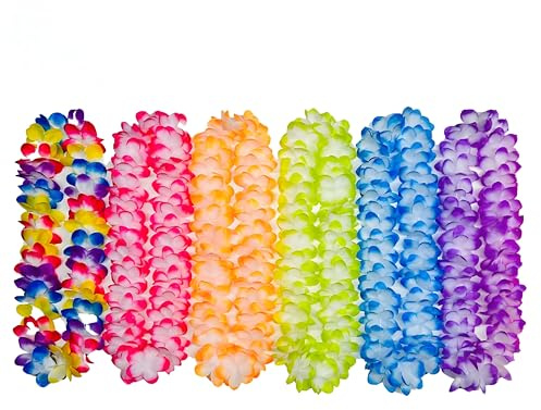 6 Pack Crafts Hawaiian Flower Leis Garland Necklaces, 105 cm Length, Multi-Coloured, For Holiday Tropical Party Decorations Beach Theme Party Supplies Hawaiian Fancy Dress Accessories, For Adults Kids
