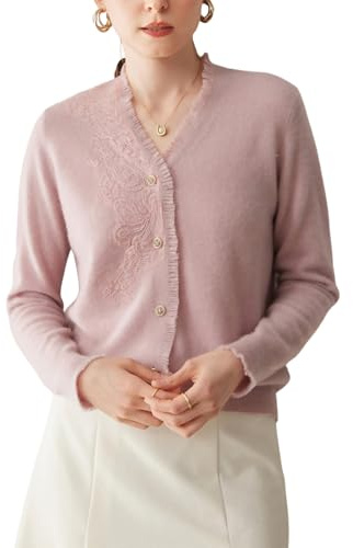 DISSA MD6868 - Cardigan da donna in cashmere e lana, con scollo a V, a maniche lunghe, tinta unita
