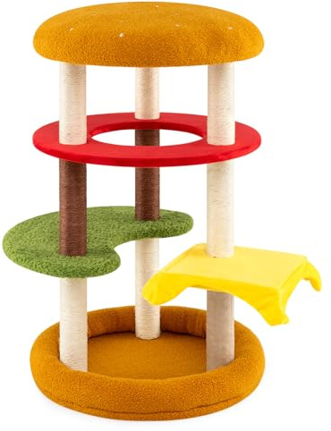FANTASK Kratzbaum, Katzenbaum mit Bett, Sisal-Kratzbrett & Plattformen, Katzen Katzenmöbel, Katzenkratzbaum Holz,106 cm hoch, Bunt