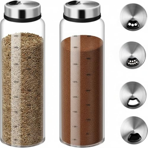 2 x 500 ml Salt Shaker Large with Twist Lid, Large Spice Jars, Spice Jars, Large Spice Jars with 4 Types of Spice Holes, Borosilicate Glass, Spice Jars Kitchen, Dining Room, Outdoor Barbecue