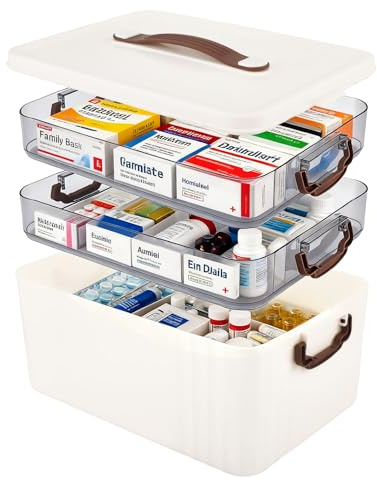 ​Caja para Medicamentos 3 Niveles, Organizador de Almacenamiento para Medicamentos, Botiquín Grande Portátil Transparente con Asa, 31,5 x 22 x 24,5 cm