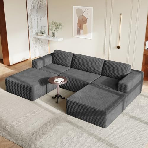 Vesgantti Modulares Cord-Ecksofa in Grau, 303 cm U-Form mit Schlaffunktion, Federkern und extra tiefer Sitzfläche, Flexibles Design mit beweglichem Fußhocker, kein Aufbau nötig
