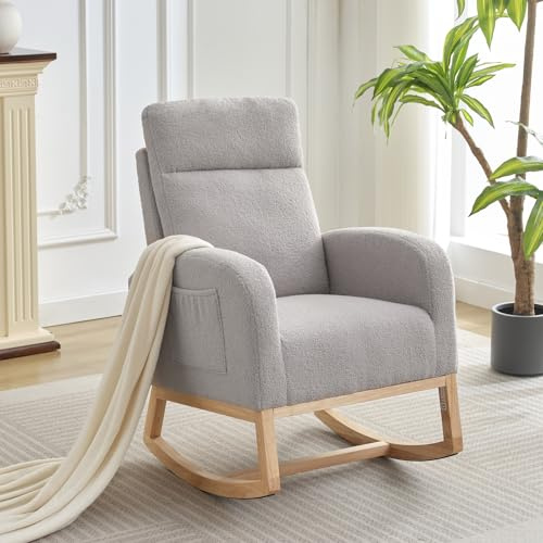 Schaukelstuhl Stillsessel – Schaukelsessel Mit Holzbeinen Und Seitentaschen, Lesesessel Relaxstuhl Sessel Aus Weichem Teddy-Stoff, 30° Sicherheitswinkel, Für Wohnzimmer Schlafzimmer Babyzimmer, Grau