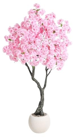 Garvee Cerezo Artificial En Flor con Flores Realistas en 3D, Resistente a Los Rayos UV, Fácil de Cuidar, Incluye Maceta. Decoración para Salón, Jardín, Balcón o Pasillo. 150cm