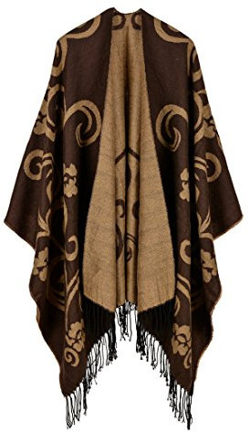 YianBestja Damen Herbst/Winter Poncho mit Quaste, 130 * 150CM Poncho-Schal Überwurf Cape Umhang Wendeponcho für Frau (53-2)