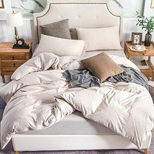 PURE ERA Jersey Knit Duvet Cover Set 100% T-Shirt Cotton Super Soft Comfy 3pc Bedding Set with Zipper Closure (Heather Beige, Queen)
