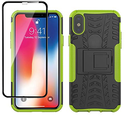 Yiakeng iPhone X Case, iPhone XS Case with Screen Protector, Shockproof Silicone Protective with Kickstand for iPhone X/Xs (Green)