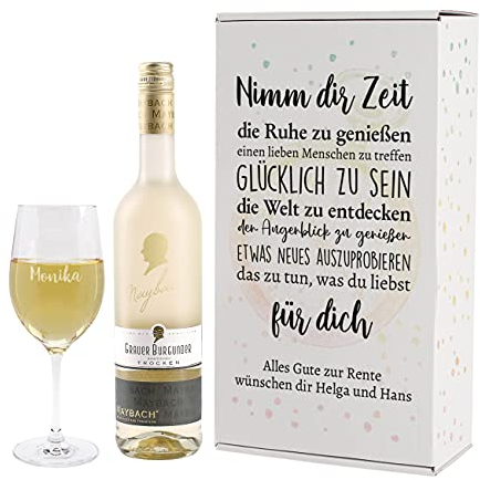 Herz & Heim® Rente Geschenk mit gravierten Leonardo Weinglas und Maybach Weißwein zur Auswahl Grauer Burgunder/Rivaner