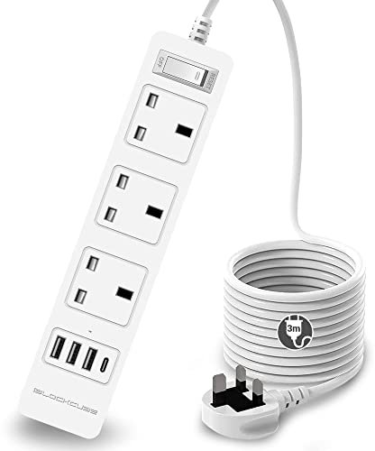 iBlockCube UK Extension Lead 3M(9.84FT) Surge Protected Power Strips 4 USB Slots (3 USB A + 1 Type C), 3 Way Cable Fuse Protector & Shutter USB Plug Socket 3 Gang Smart Charging Station Cord (White)