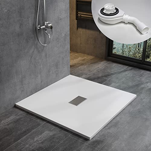WITEN&NOCK Duschwanne 100x100 cm SMC Brausewanne Weiß Steinoptik Antirutsch Duschtasse Höhe 3,2 cm Niedrige Schwelle Extraflach Brausetasse mit Edelstahl-Abflussrinne und Ablaufgarnitur Ø 90 mm