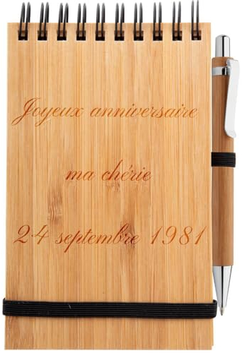 Bambus-Notizblock mit Stift und Textgravur - Personalisierbarer Bambusholz-Notizblock mit passendem Stift - Gravur auf der Vorderseite des Holz-Notizblocks