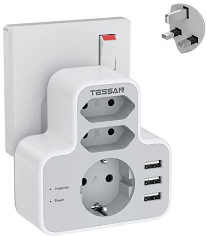 TESSAN Adapter England Deutschland Stecker, Reisestecker Typ G Adaptor Steckdose England, Reiseadapter für England mit 3 USB, Steckdosenadapter UK Adapter auf EU Adaptor, UK Euro Stecker