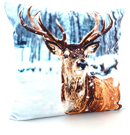 heimtexland ® Dekokissen Bezug Winter Tiere Foto Digitaldruck Kuschelige Velour Kissenhülle 40x40 Deko Kissen Typ831 Hirsch