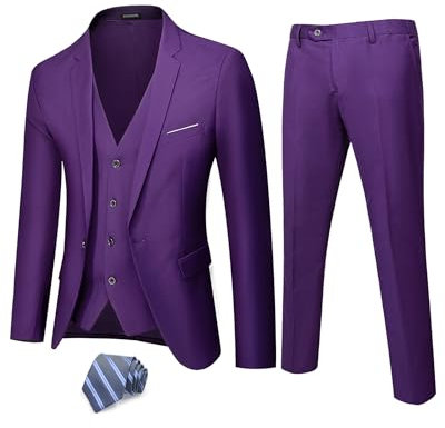 Hihawk Costume 3 pièces pour Homme avec Tissu Extensible, Coupe ajustée, Ensemble Blazer à Un Bouton, Veste, Gilet et Pantalon avec Cravate, Violet Intense, Taille M