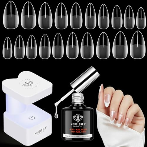Modelones Capsule Americaine Ongle, 500Pcs Faux Ongles, 4 In1 Colle Faux Ongles,Lampe Uv Ongles Gel, Ongle Gel Kit Complet, Gummy Base Pose Americaine, Kit Ongle, Capsule Americaine Ongle Amande