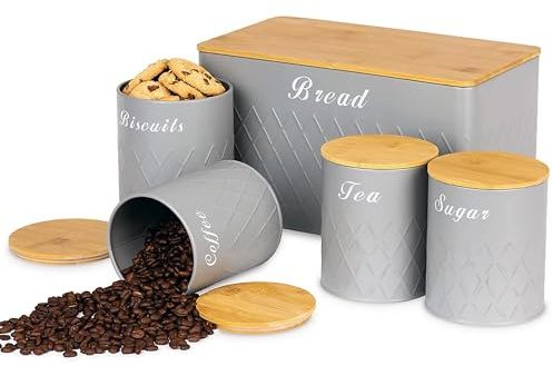 SAMTEK Grey Bread Bin and Canister Set, Stylish 5 Piece Tea, Sugar, Coffee, Biscuit & Bread Bin Tins Set, Kitchen Storage Canisters with Airtight Lids & Embossed Metal Finish